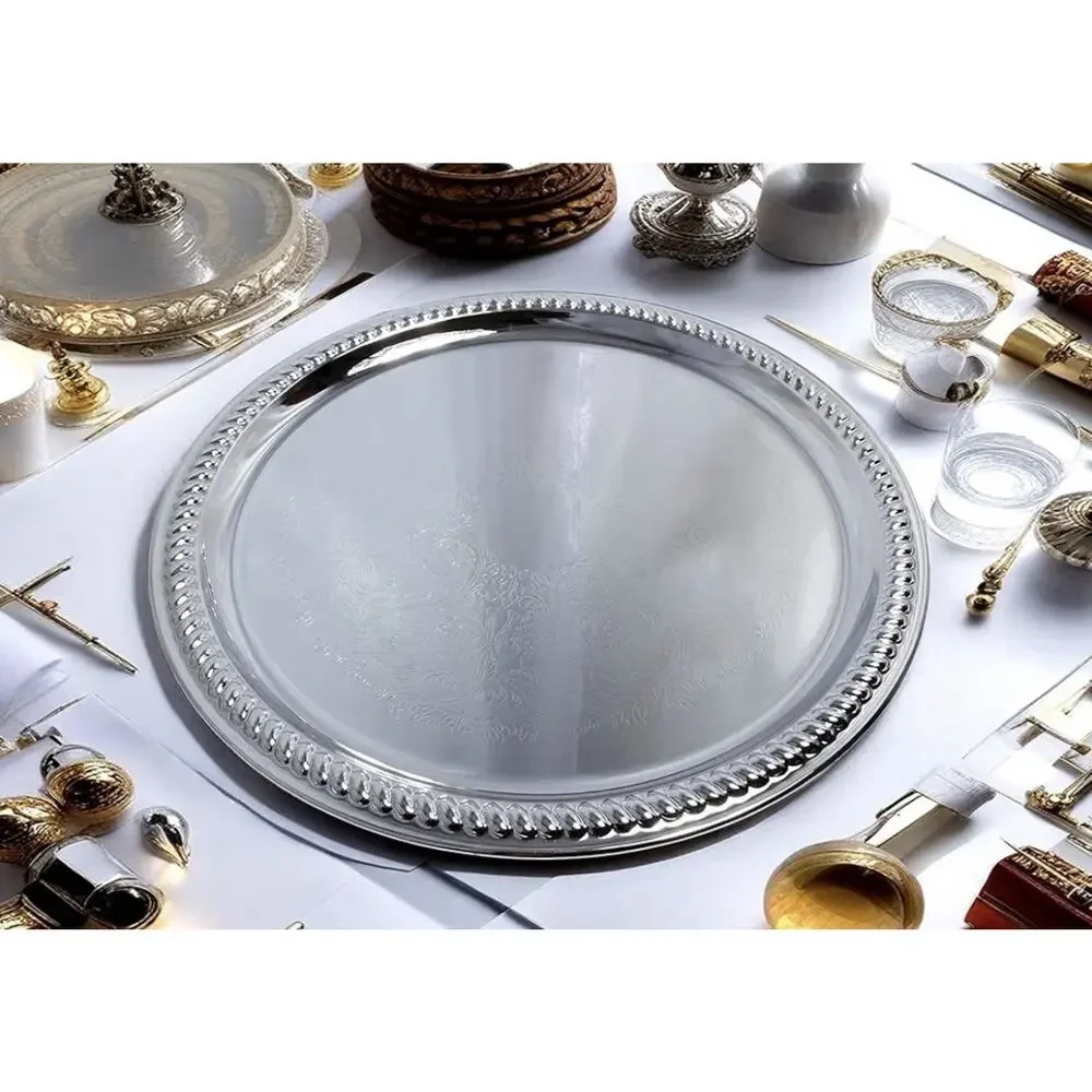 14-Inch Traditional Round Engraved Catering Chrome Plated Serving Tray 3 Pk